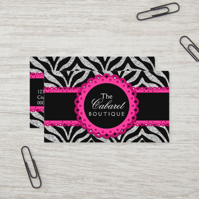 Chic Zebra Pink Lace Fashion Jewellery Boutique Business Card (Front/Back In Situ)