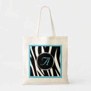 Chic Zebra Print Aqua Blue Monogram Tote Bag