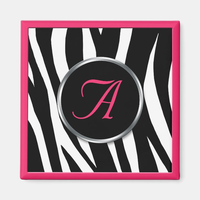 Chic Zebra Print Berry Pink Monogram Magnet (Front)
