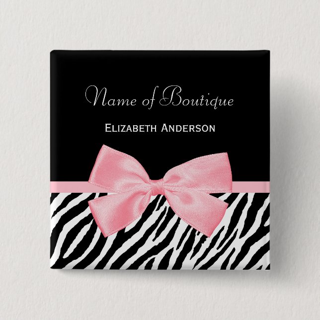 Chic Zebra Print Boutique Light True Pink Ribbon 2 Inch Square Button (Front)