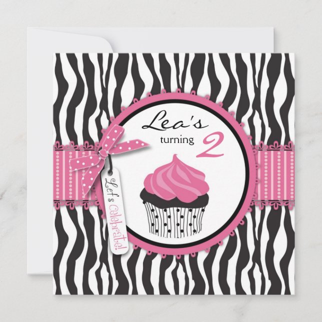 Chic Zebra Print & Cupcake Birthday Invitation (Front)