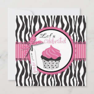 Chic Zebra Print Cupcake Birthday Invitation