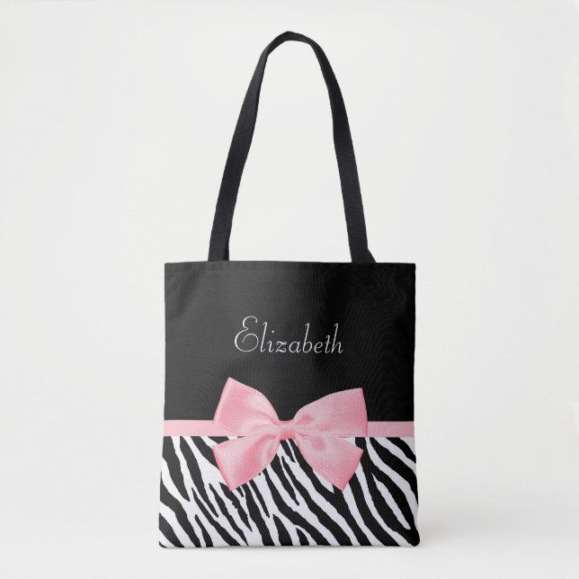 Chic Zebra Print Girly Light Pink Ribbon With Name Tote Bag (Front)