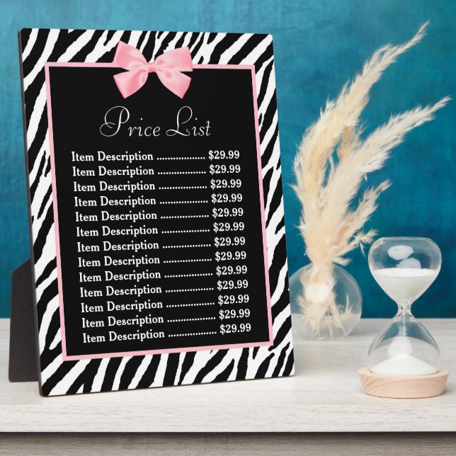 Chic Zebra Print Light True Pink Ribbon Price List Plaque (Side)