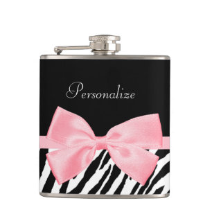 Chic Zebra Print Soft Girly Light Pink Ribbon Hip Flask