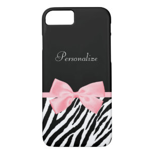 Chic Zebra Print Soft Girly Pink Ribbon With Name iPhone 8/7 Case