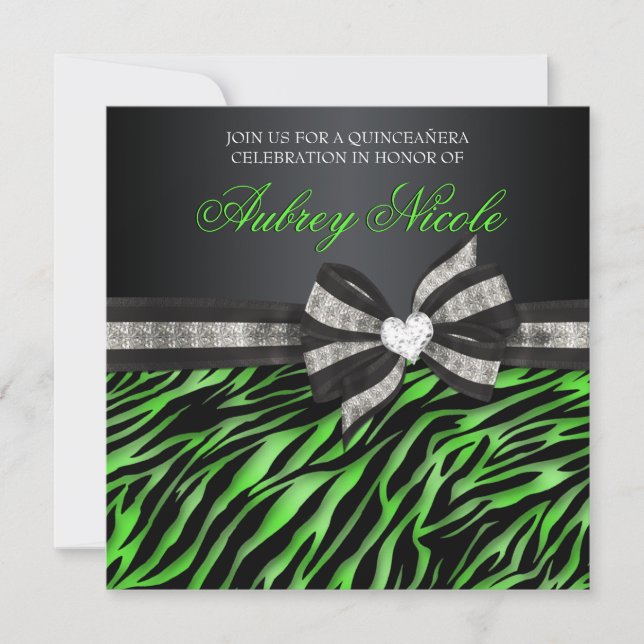 Chic Zebra Quinceañera Invite With Jewelled Bow (Front)