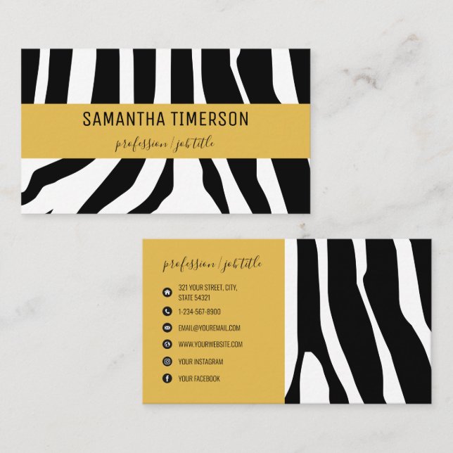 Chic Zebra Stripes & Gold Modern Professional Business Card (Front/Back)