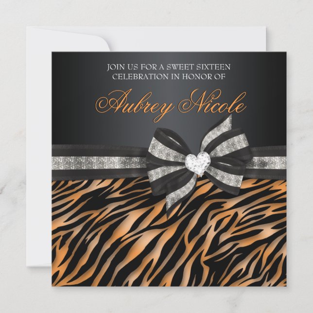 Chic Zebra Sweet Sixteen Invite With Jewelled Bow (Front)