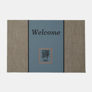 Chic Zen burlap print welcome brown blue customize Doormat
