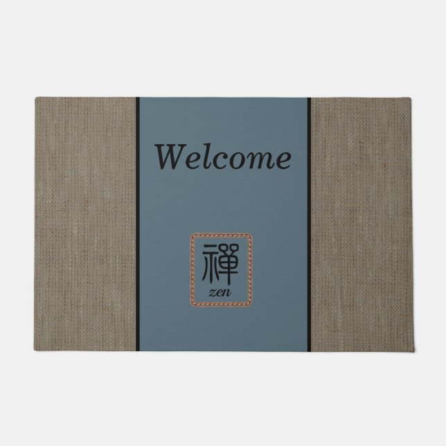 Chic Zen burlap print welcome brown blue customize Doormat (Front)