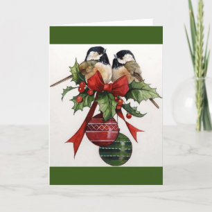 Chicadees and Holly Folded Christmas Holiday Card