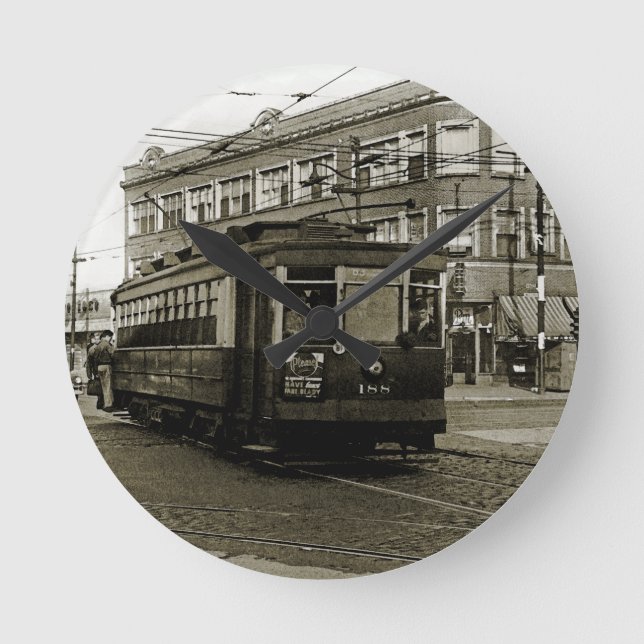 CHICAGO 63RD AND WESTERN 1952 TROLLEY ART SEPIA ROUND CLOCK (Front)