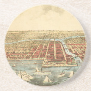 Chicago Antique Map, LaSalle Street and River Coaster
