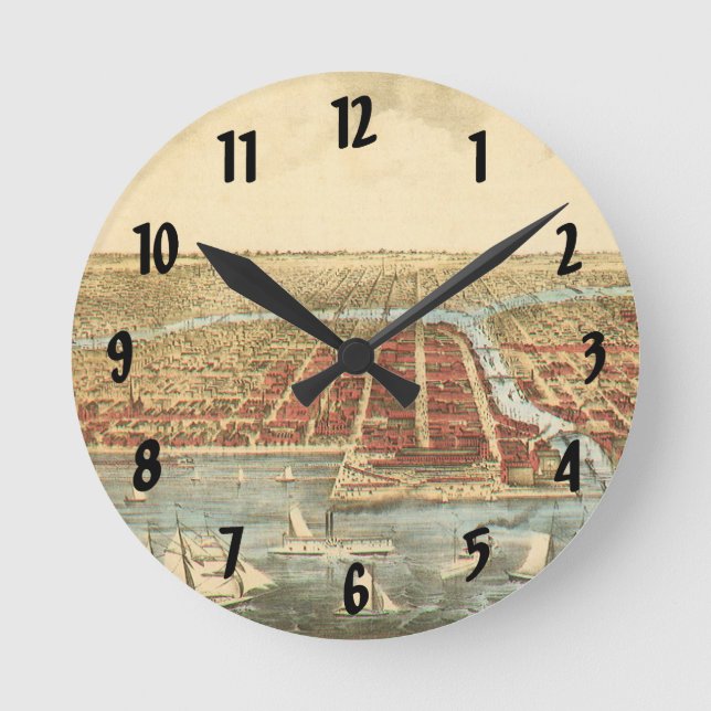 Chicago Antique Map, LaSalle Street and River Round Clock (Front)