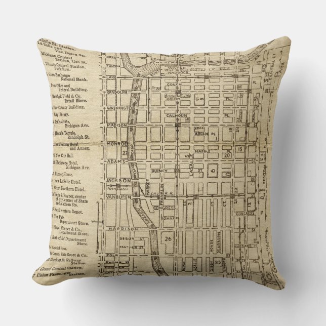 Chicago Antique Rustic Map Of Downtown Illinois Throw Pillow (Front)