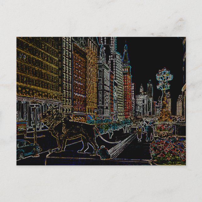 CHICAGO ART INSTITUTE LIONS MICHIGAN AVE NEON 1930 POSTCARD (Front)