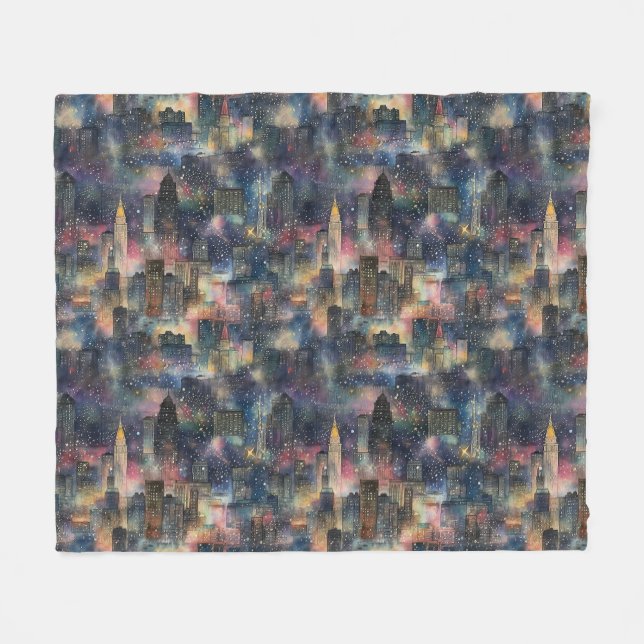 Chicago at Christmas & New Year's Watercolors Fleece Blanket (Front (Horizontal))