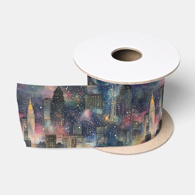 Chicago at Christmas & New Year's Watercolors Satin Ribbon (Spool)