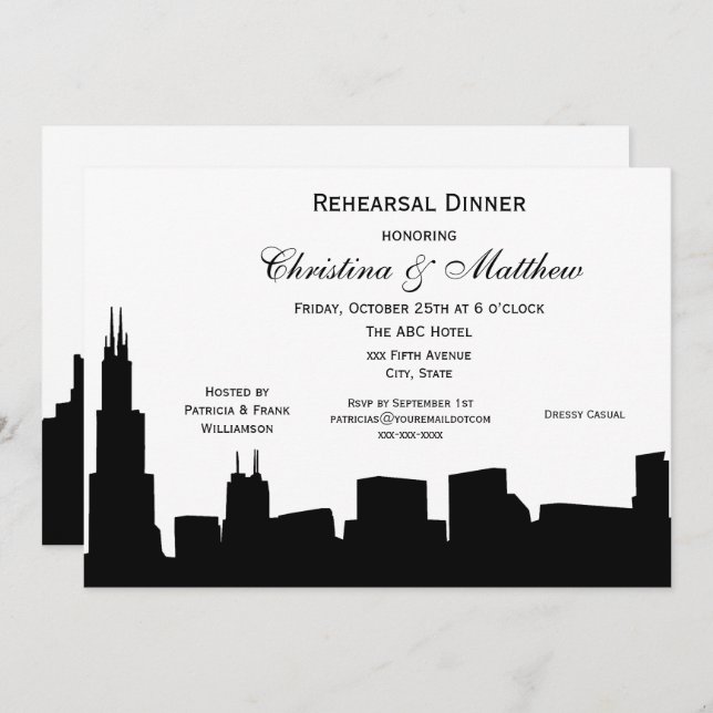 Chicago Black Skyline Silhouette Rehearsal Dinner Invitation (Front/Back)