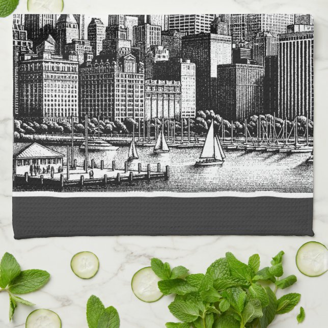 Chicago Black White  Kitchen Towel (Folded)
