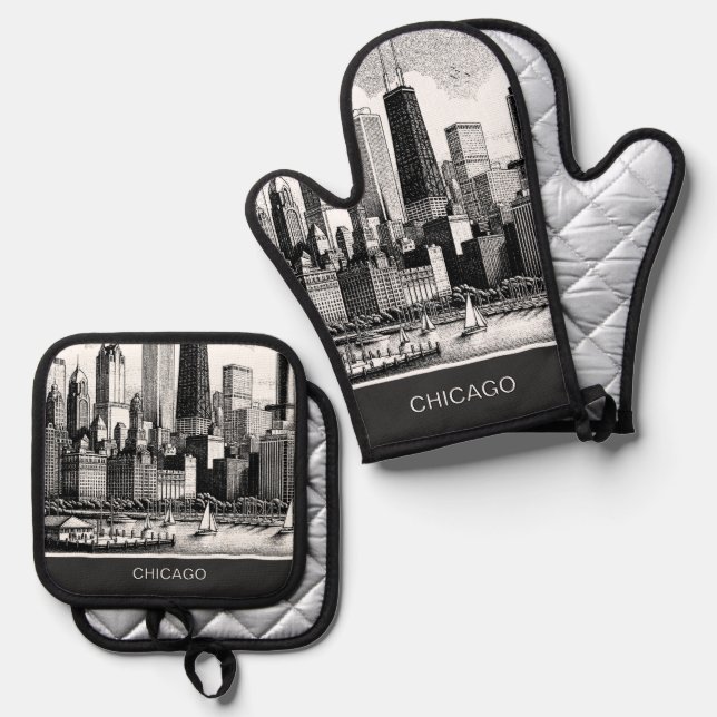 Chicago Black White  Oven Mitt & Pot Holder Set (Front/Back)