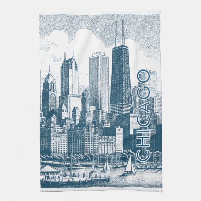 Chicago Blue White Kitchen Towel (Vertical)
