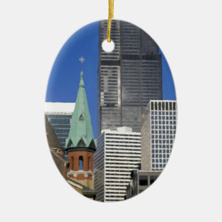 Chicago Cathedral Skyline Ceramic Ornament