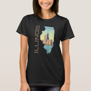 Chicago City Skyline In Illinois State Map T-Shirt