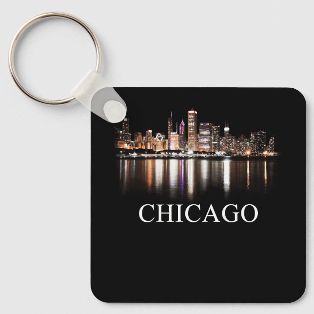 Chicago City Skyline Lights At Night Chicago Illin Keychain (Front)