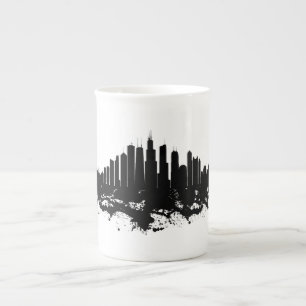 Chicago City Skyline Watercolor Black and White Bone China Mug