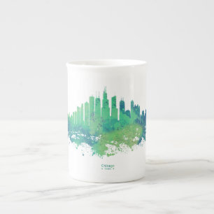 Chicago City Skyline Watercolor in blue and green Bone China Mug