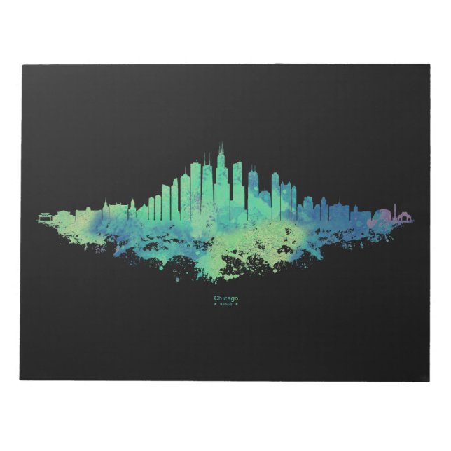 Chicago City Skyline Watercolor in blue and green Notepad (Front)