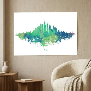 Chicago City Skyline Watercolor in blue and green Poster