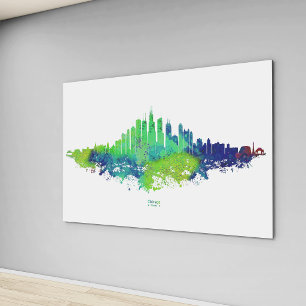 Chicago City Skyline Watercolor in blue and lime Canvas Print