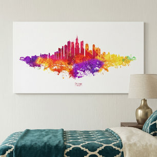 Chicago City Skyline Watercolor on White Canvas Print