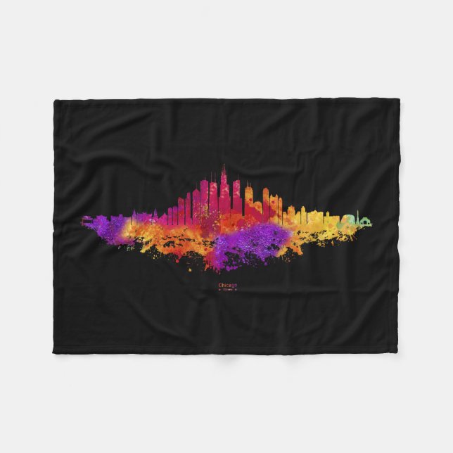 Chicago City Skyline Watercolor on White Fleece Blanket (Front (Horizontal))