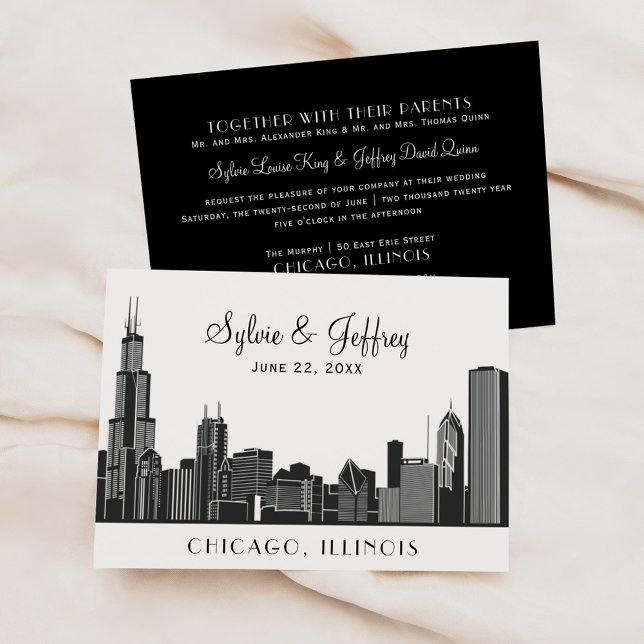 Chicago City Skyline Wedding Black and White Invitation (Creator Uploaded)