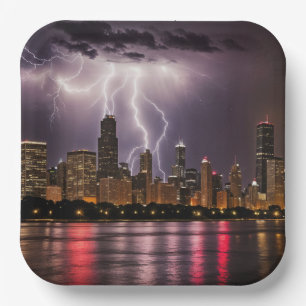 Chicago City Skyscrapers With Lightning Paper Plate