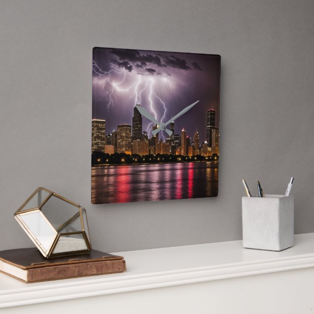 Chicago City Skyscrapers With Lightning Square Wall Clock (Office)