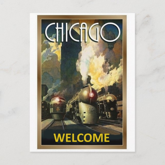 Chicago city, steamtrain, railway vintage travel postcard (Front)