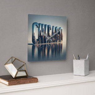 Chicago City Water Reflection Square Wall Clock