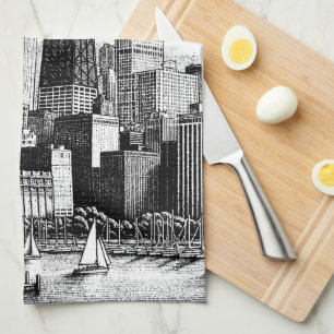 Chicago Cityscape Black White  Kitchen Towel