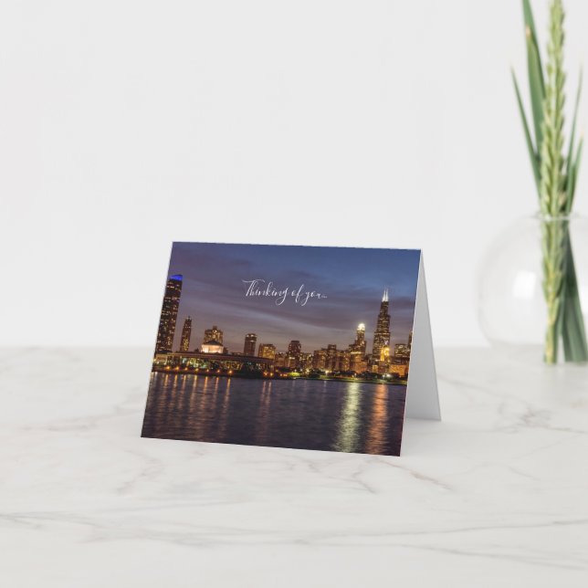 Chicago Cityscape Night Thinking Of You Card (Front)