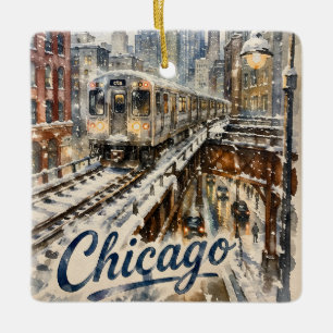 Chicago El Train in the Winter Snow Ceramic Ornament