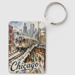 Chicago El Train in the Winter Snow Keychain
