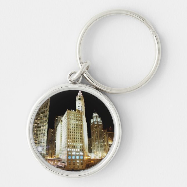 Chicago famous landmark at night keychain (Front)
