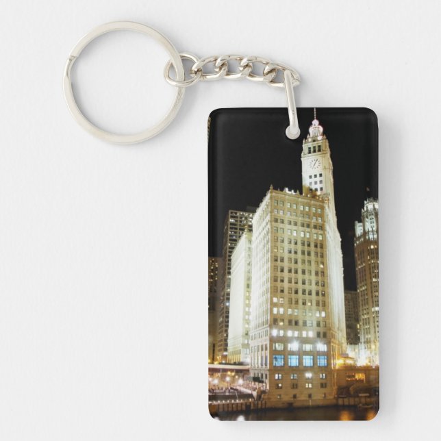 Chicago famous landmark at night keychain (Front)