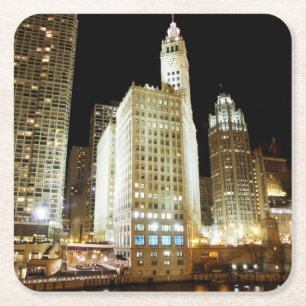 Chicago famous landmark at night square paper coaster