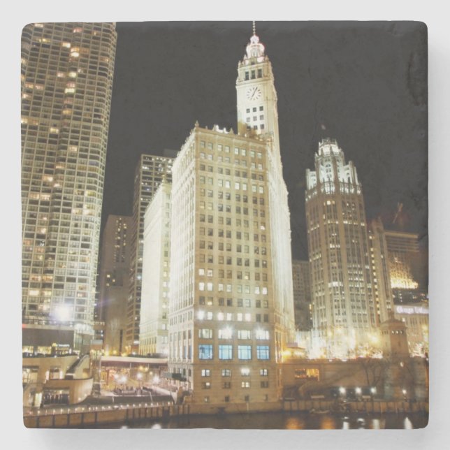 Chicago famous landmark at night stone coaster (Front)